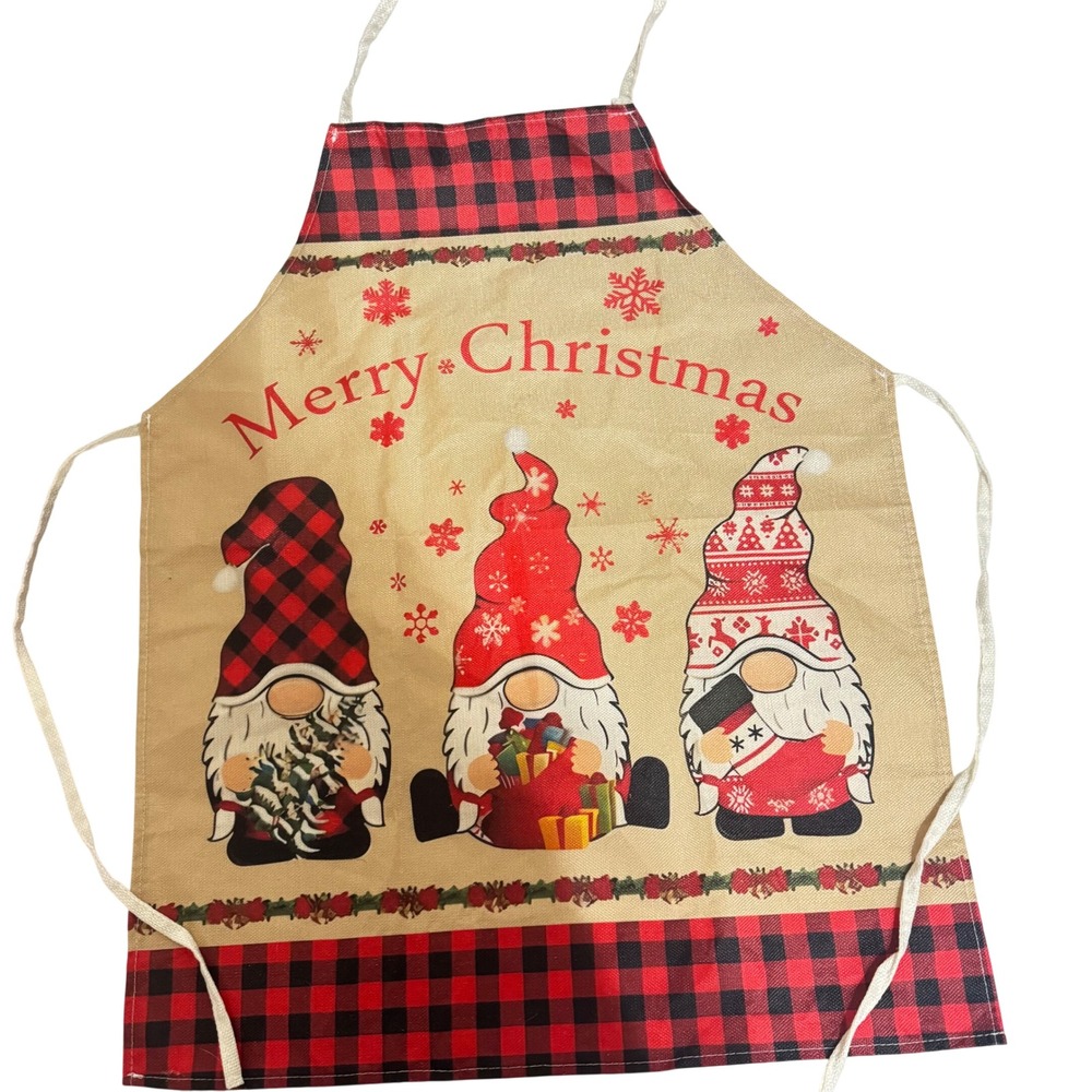 Merry Christmas Gnome Apron Red Black Buffalo Plaid Holiday Kitchen Linen Blend